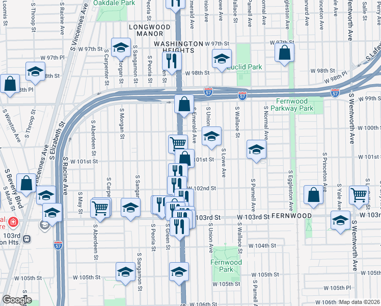 map of restaurants, bars, coffee shops, grocery stores, and more near 10100 South Emerald Avenue in Chicago