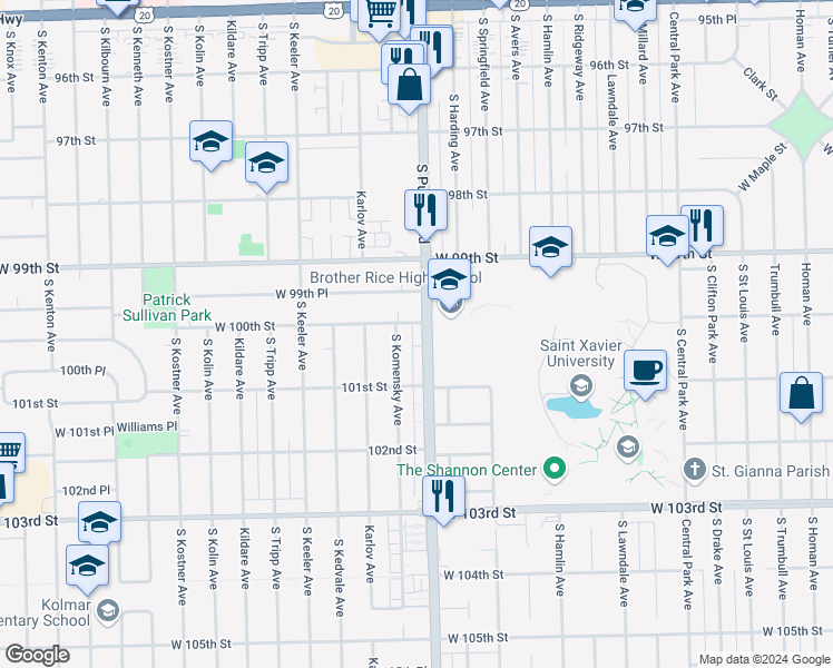 map of restaurants, bars, coffee shops, grocery stores, and more near 10022 South Pulaski Road in Oak Lawn