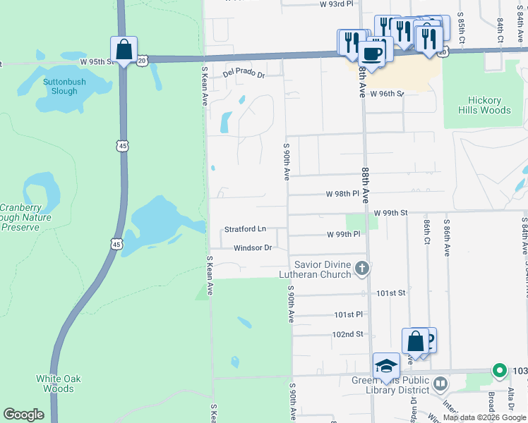 map of restaurants, bars, coffee shops, grocery stores, and more near 9034 Stratford Lane in Palos Hills