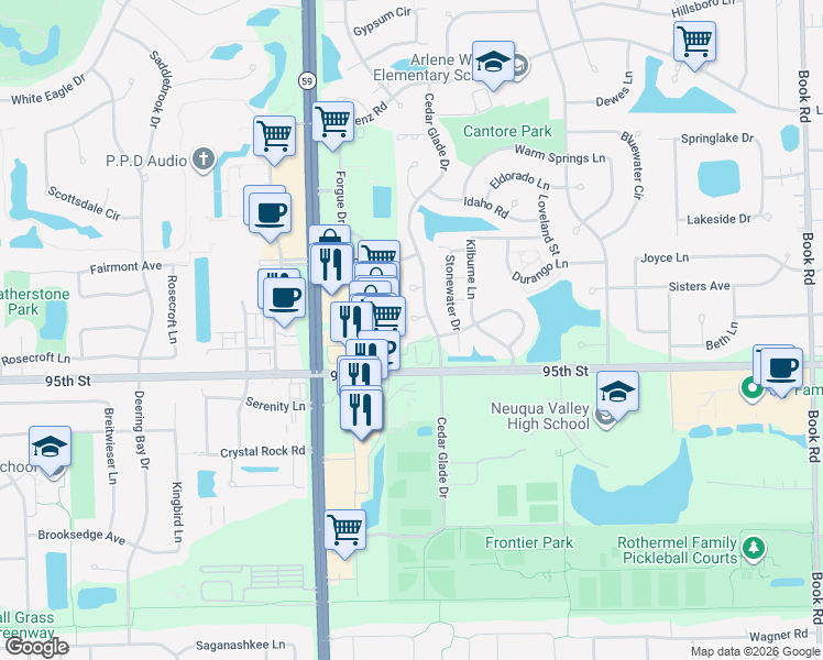 map of restaurants, bars, coffee shops, grocery stores, and more near 2975 Cedar Glade Road in Naperville
