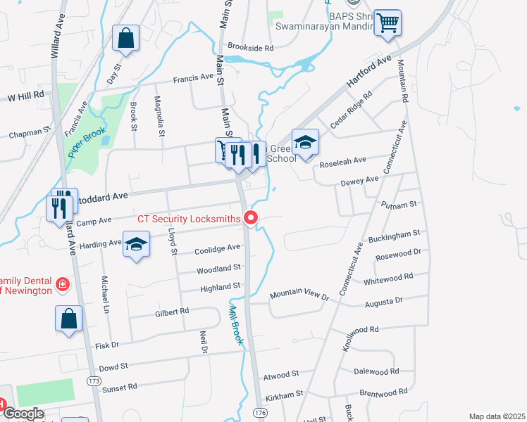 map of restaurants, bars, coffee shops, grocery stores, and more near 34 Millbrook Court in Newington