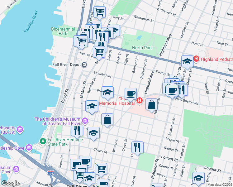 map of restaurants, bars, coffee shops, grocery stores, and more near 710 High Street in Fall River