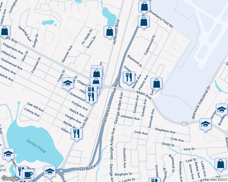 map of restaurants, bars, coffee shops, grocery stores, and more near 4160 Post Road Extension in Warwick