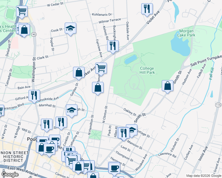 map of restaurants, bars, coffee shops, grocery stores, and more near 145 North Clinton Street in Poughkeepsie