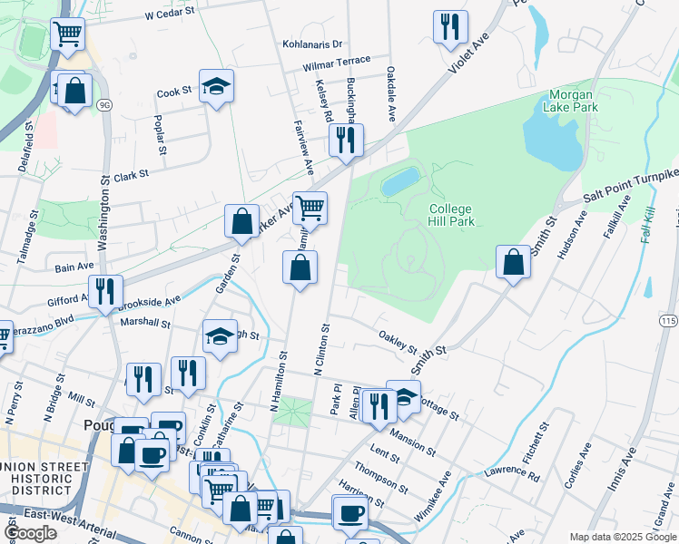 map of restaurants, bars, coffee shops, grocery stores, and more near 157 North Clinton Street in Poughkeepsie