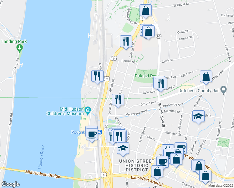 map of restaurants, bars, coffee shops, grocery stores, and more near 26 Delafield Street in Poughkeepsie