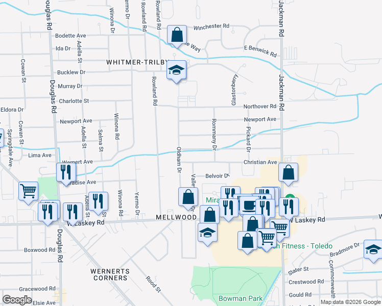 map of restaurants, bars, coffee shops, grocery stores, and more near 2040 Christian Avenue in Toledo
