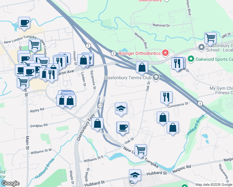 map of restaurants, bars, coffee shops, grocery stores, and more near 93 Benton Lane in Glastonbury