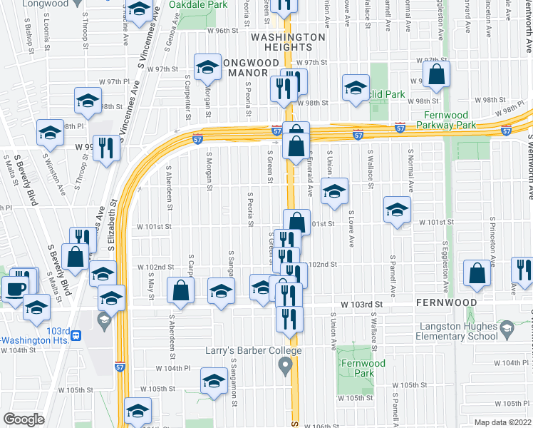 map of restaurants, bars, coffee shops, grocery stores, and more near 10042 South Green Street in Chicago