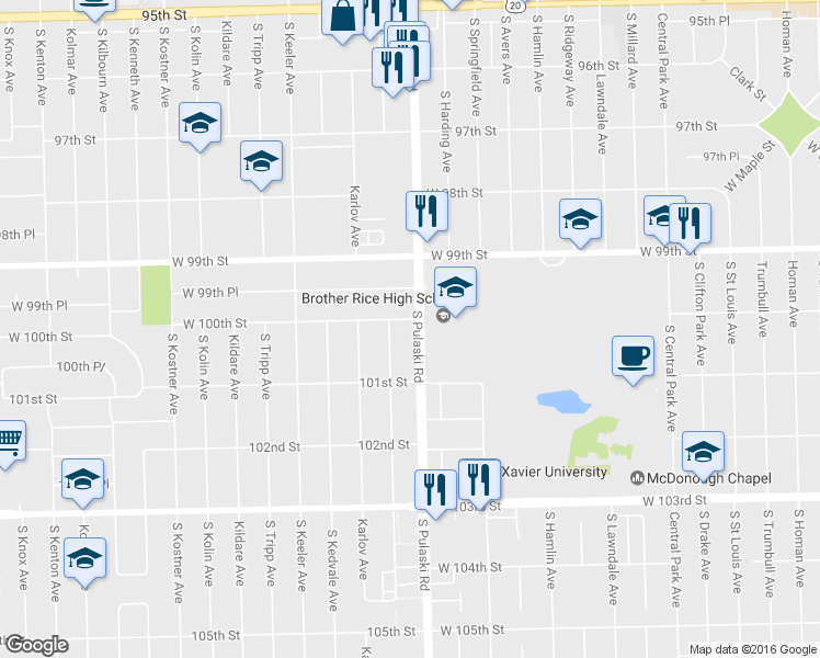 map of restaurants, bars, coffee shops, grocery stores, and more near 10022 South Pulaski Road in Oak Lawn