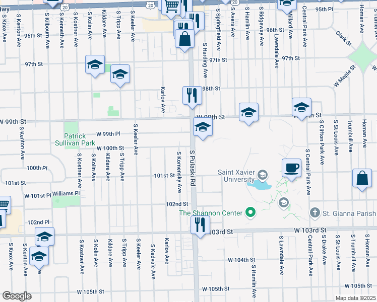 map of restaurants, bars, coffee shops, grocery stores, and more near 10022 South Pulaski Road in Oak Lawn