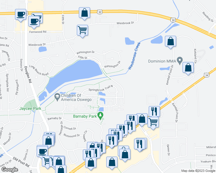 map of restaurants, bars, coffee shops, grocery stores, and more near 555 Springbrook Trail North in Oswego