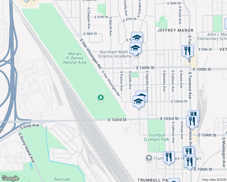 map of restaurants, bars, coffee shops, grocery stores, and more near 10118 South Van Vlissingen Road in Chicago