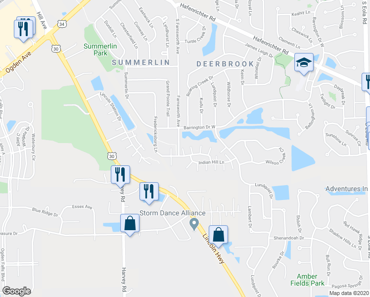 map of restaurants, bars, coffee shops, grocery stores, and more near 1752 Fredericksburg Lane in Aurora