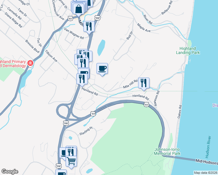 map of restaurants, bars, coffee shops, grocery stores, and more near 25 Mile Hill Road in Highland