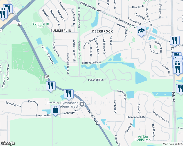 map of restaurants, bars, coffee shops, grocery stores, and more near 1815 Indian Hill Lane in Aurora
