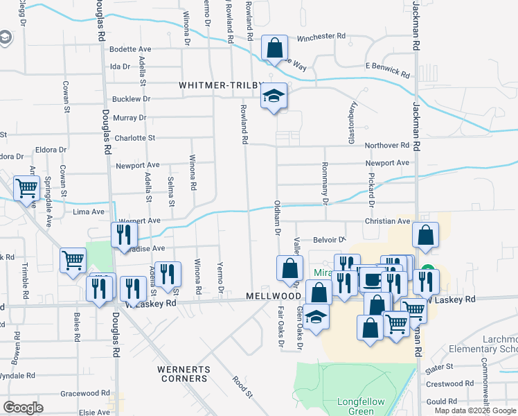 map of restaurants, bars, coffee shops, grocery stores, and more near 5205 Oldham Drive in Toledo