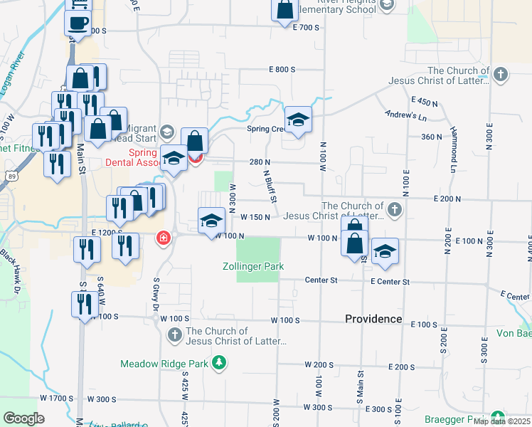 map of restaurants, bars, coffee shops, grocery stores, and more near 223 West 150 North in Providence