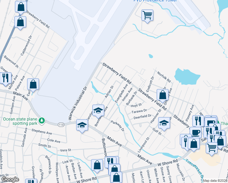 map of restaurants, bars, coffee shops, grocery stores, and more near 84 Brentwood Avenue in Warwick