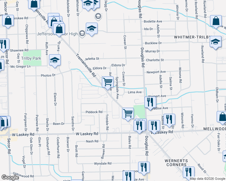 map of restaurants, bars, coffee shops, grocery stores, and more near 5215 Springdale Avenue in Toledo