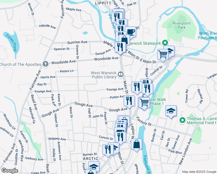 map of restaurants, bars, coffee shops, grocery stores, and more near 36 Youngs Avenue in West Warwick