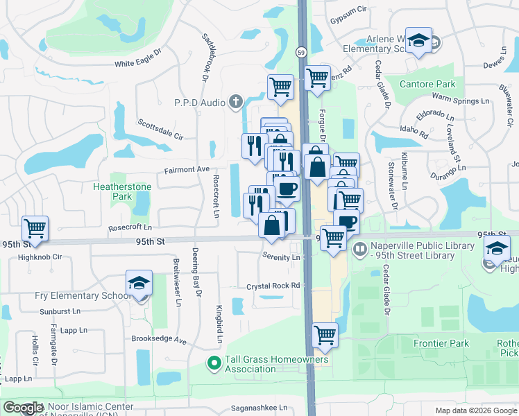 map of restaurants, bars, coffee shops, grocery stores, and more near 95TH Villa Avenue in Naperville