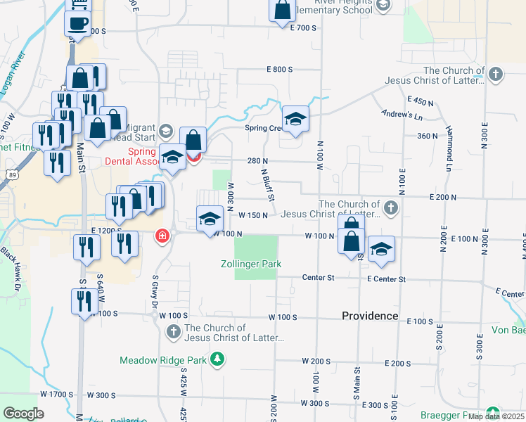 map of restaurants, bars, coffee shops, grocery stores, and more near 223 West 150 North in Providence
