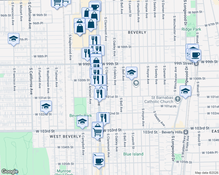 map of restaurants, bars, coffee shops, grocery stores, and more near 10046 South Oakley Avenue in Chicago