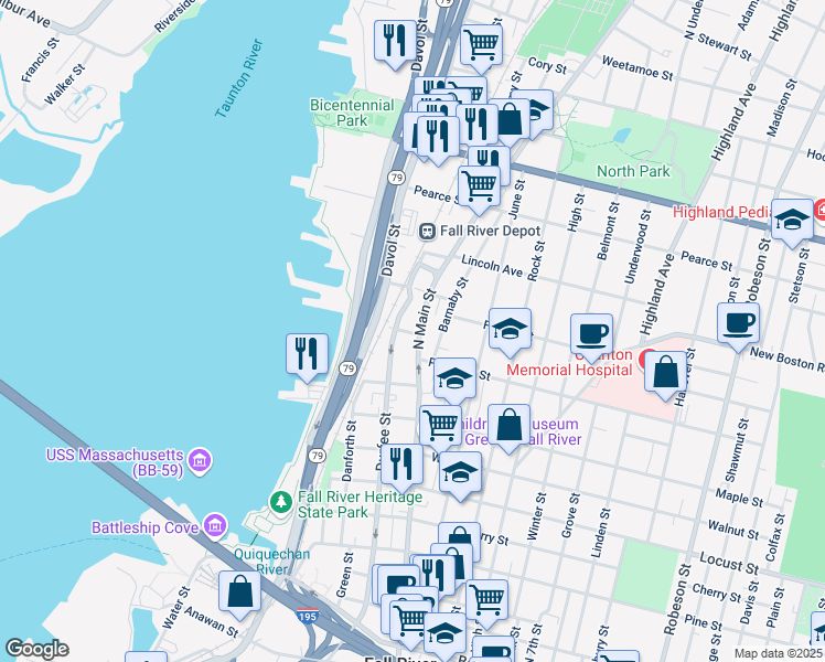 map of restaurants, bars, coffee shops, grocery stores, and more near 28 Odd Street in Fall River