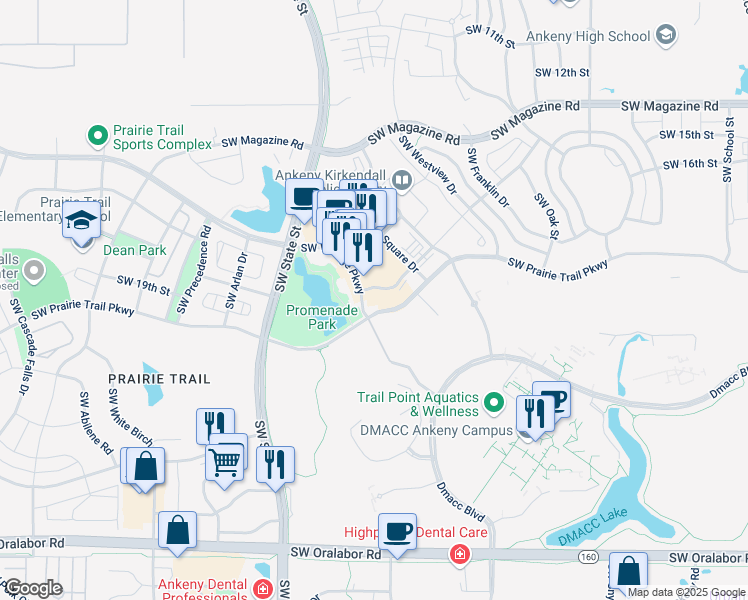 map of restaurants, bars, coffee shops, grocery stores, and more near 1335 Southwest Merchant Street in Ankeny