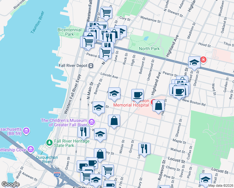 map of restaurants, bars, coffee shops, grocery stores, and more near 693 Rock Street in Fall River