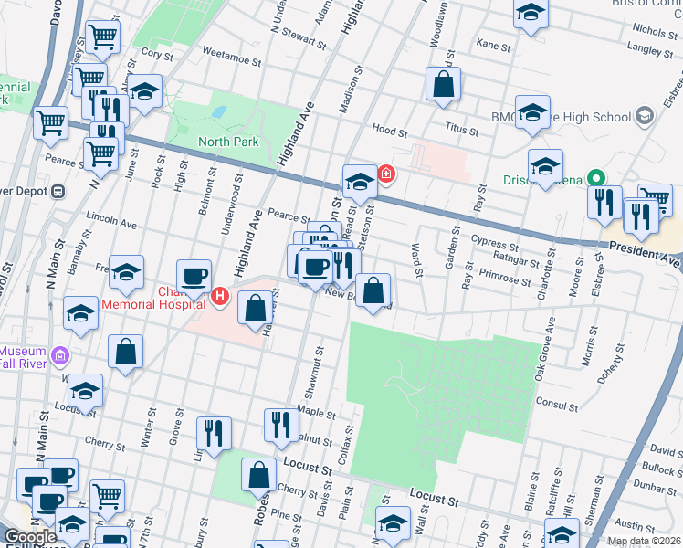 map of restaurants, bars, coffee shops, grocery stores, and more near 282 New Boston Road in Fall River