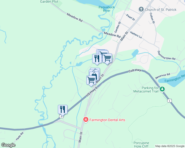 map of restaurants, bars, coffee shops, grocery stores, and more near 244 Main Street in Farmington