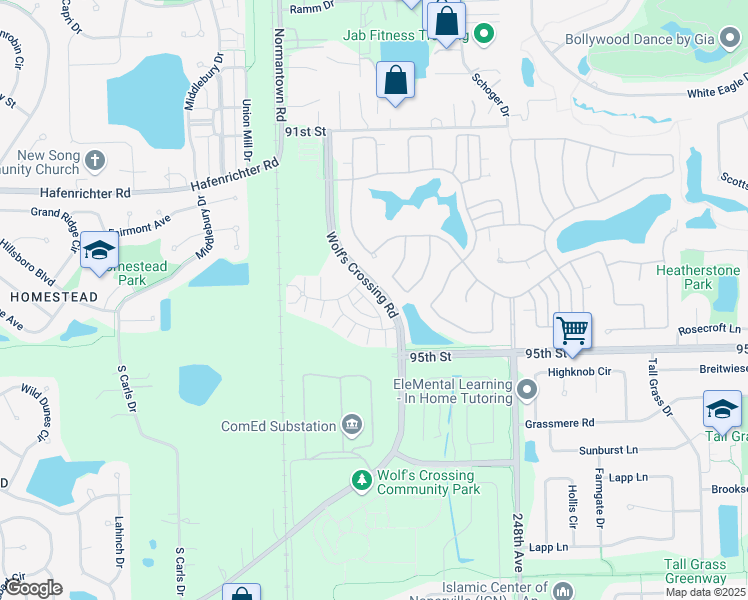map of restaurants, bars, coffee shops, grocery stores, and more near 2946 Madison Drive in Naperville