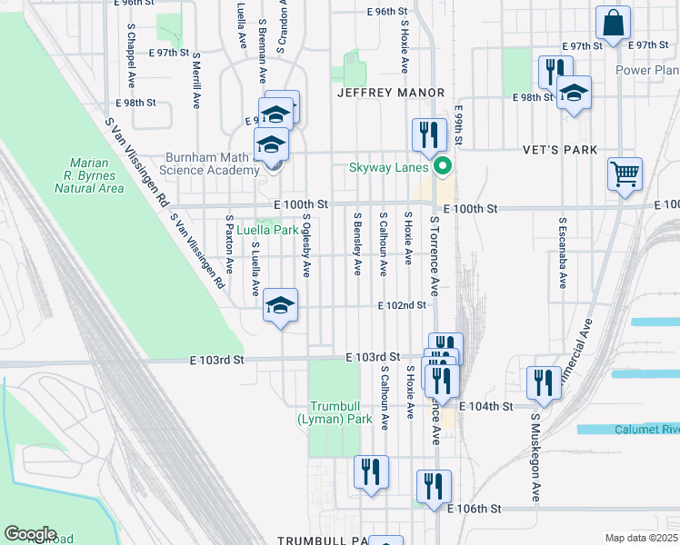 map of restaurants, bars, coffee shops, grocery stores, and more near 10141 South Yates Boulevard in Chicago