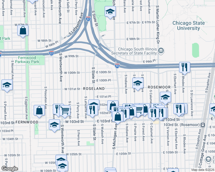 map of restaurants, bars, coffee shops, grocery stores, and more near 65 East 101st Street in Chicago