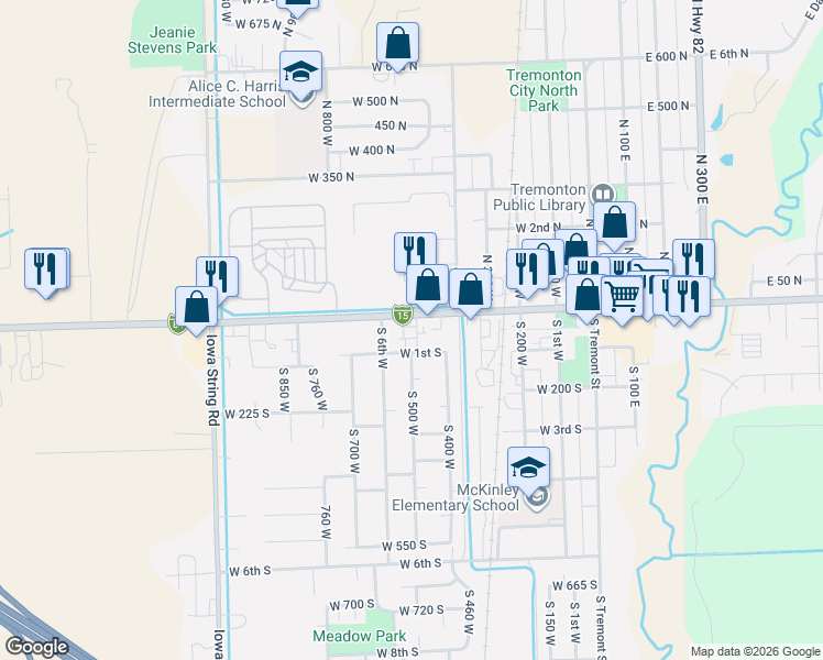 map of restaurants, bars, coffee shops, grocery stores, and more near 75 South 480 West in Tremonton