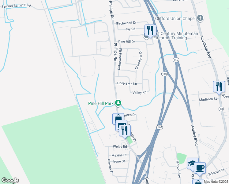 map of restaurants, bars, coffee shops, grocery stores, and more near 1559 Phillips Road in New Bedford
