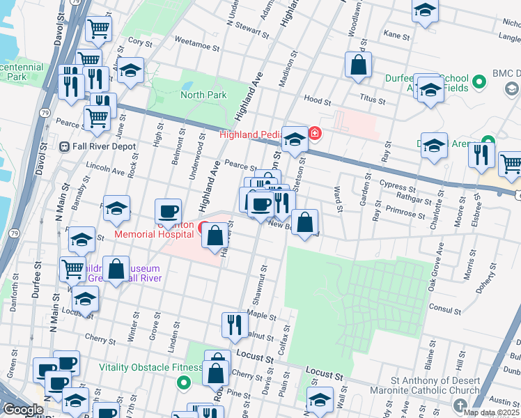 map of restaurants, bars, coffee shops, grocery stores, and more near in Fall River