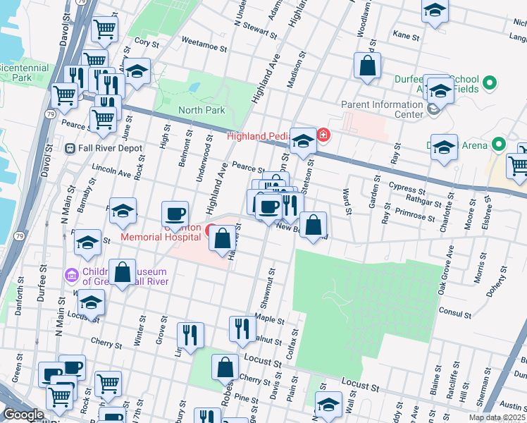 map of restaurants, bars, coffee shops, grocery stores, and more near in Fall River