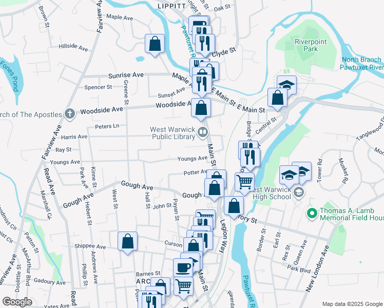 map of restaurants, bars, coffee shops, grocery stores, and more near 18 Youngs Avenue in West Warwick