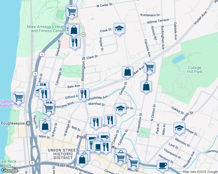 map of restaurants, bars, coffee shops, grocery stores, and more near 5 Brookside Avenue in Poughkeepsie