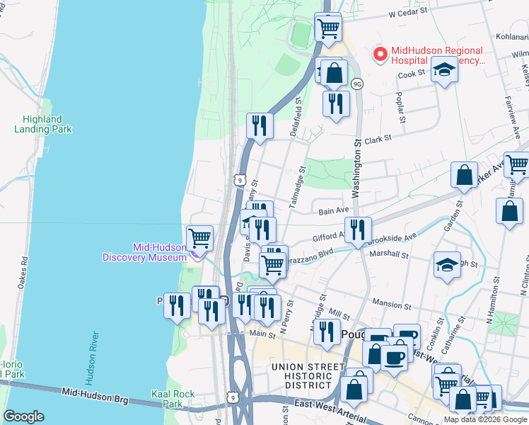 map of restaurants, bars, coffee shops, grocery stores, and more near 22 Delafield Street in Poughkeepsie