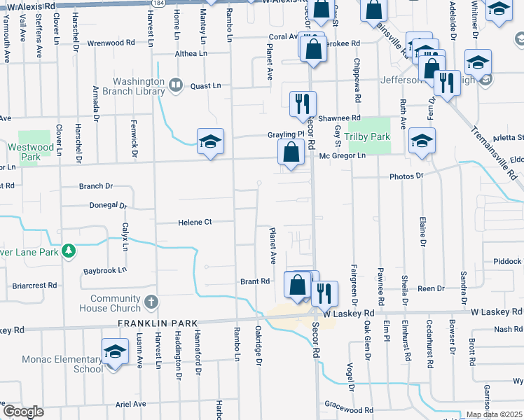 map of restaurants, bars, coffee shops, grocery stores, and more near 3406 Planet Avenue in Toledo