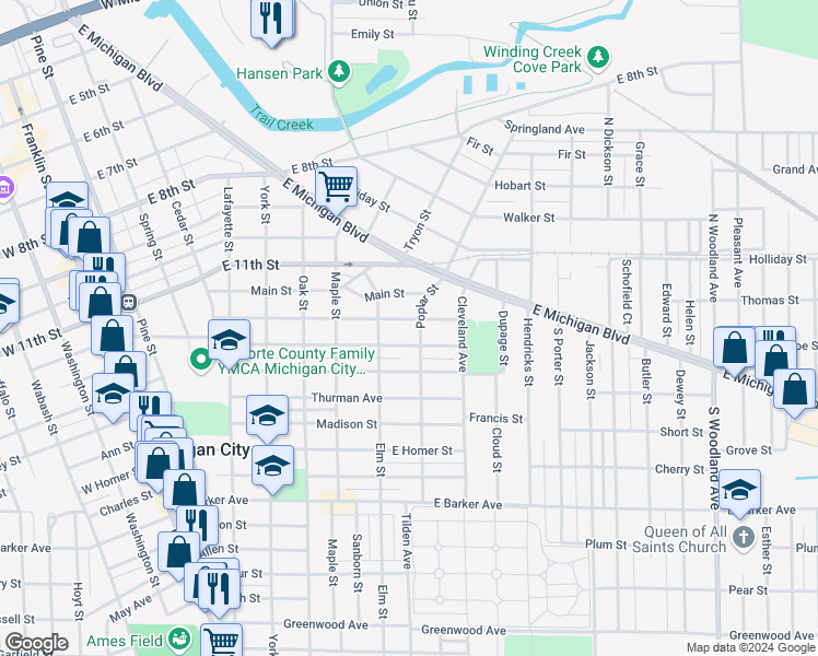 map of restaurants, bars, coffee shops, grocery stores, and more near 703 1/2 Pearl Street in Michigan City