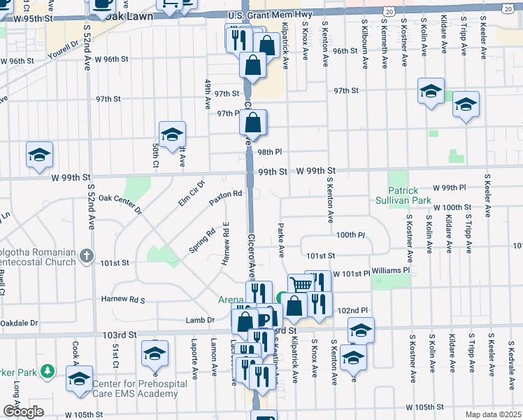 map of restaurants, bars, coffee shops, grocery stores, and more near 10021 South Cicero Avenue in Oak Lawn