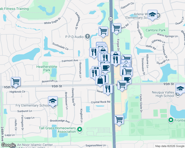map of restaurants, bars, coffee shops, grocery stores, and more near 95TH Villa Avenue in Naperville