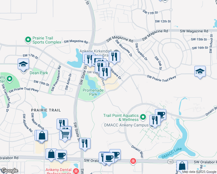 map of restaurants, bars, coffee shops, grocery stores, and more near 1371 Southwest Prairie Trail Parkway in Ankeny