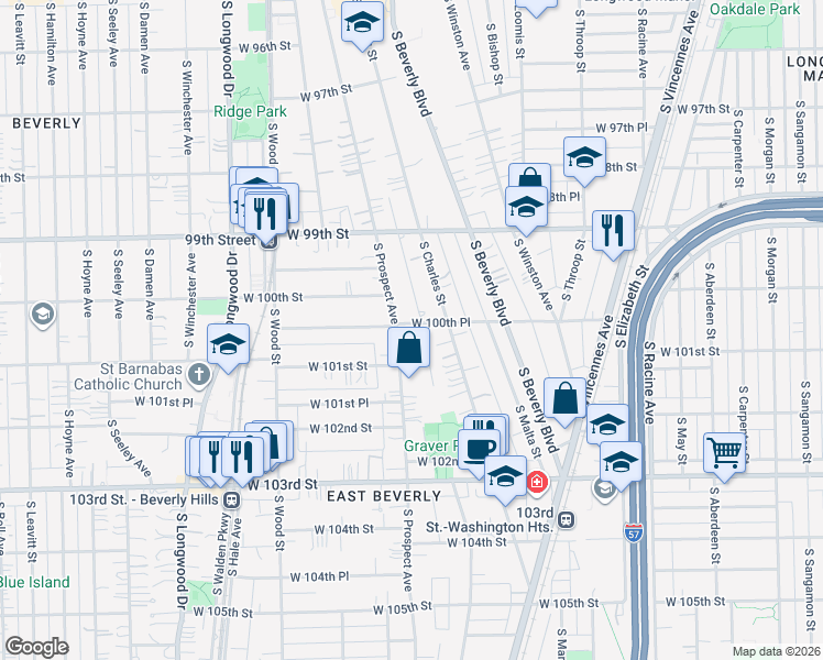 map of restaurants, bars, coffee shops, grocery stores, and more near 1573 West 100th Place in Chicago