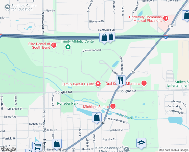 map of restaurants, bars, coffee shops, grocery stores, and more near 17535 Generations Drive in South Bend